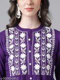 Violet viscose rayon Chikankari embroidered kurti with three-quarter sleeves, ideal for any occasion, made in India