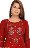 Rayon embroidered maroon kurta for women, regular fit, straight cut, casual wear office wear