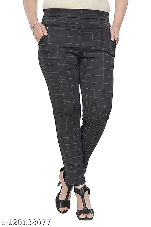 Casual feminine checked cotton blend jeggings with side pockets, perfect for various outfits and occasions. Ankle length, stretchable, and multicolor. Great for women & girls, sizes available from 28-32 or free size. Made in India