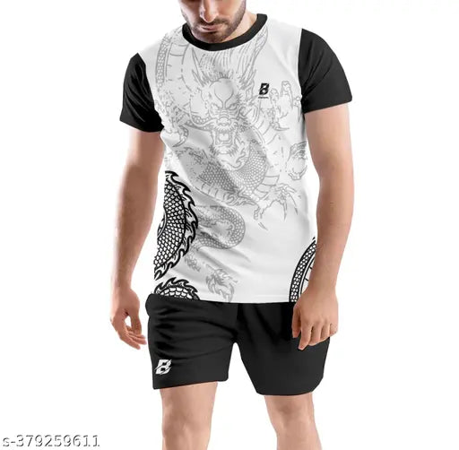 Black poly blend sports jersey with printed net short shorts, perfect for various outdoor and indoor sports activities such as football, hockey, tennis, badminton, volleyball, running, gym wear, etc. High-quality sports kit made in India