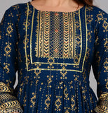 Gold printed rayon kurti, long sleeves, ethnic women's fashion, India