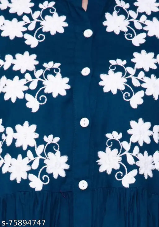 Embroidered womens blue kurta with floral patterns