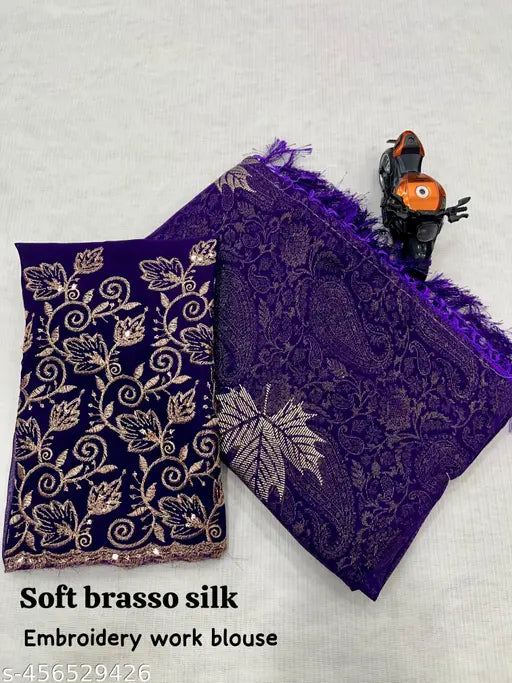 Purple and gold embroidered silk saree, soft brassier for women