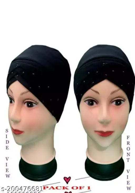 A set of two black hijab caps, each with a headband and hijab cap style variations