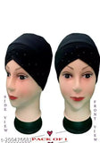 A set of two black hijab caps, each with a headband and hijab cap style variations