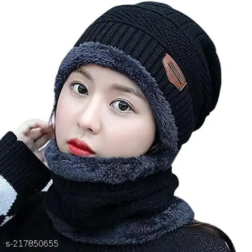Black woolen beanie cap for winter, very warm and cozy protection for men & women (free size), Garam Topa fur net pattern