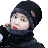 Black woolen beanie cap for winter, very warm and cozy protection for men & women (free size), Garam Topa fur net pattern
