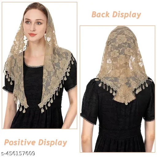 Lace Mantilla Mass Veil Triangle Head Scarf for Women Tassle Rose Jacquard Church Veil Christian Cathedral