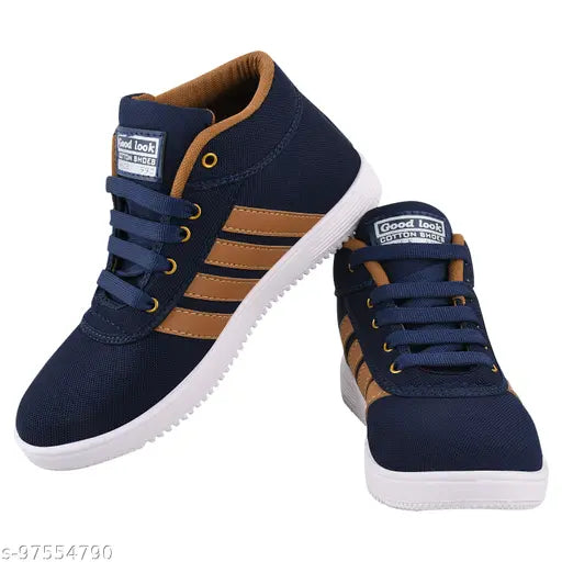 Navy blue, canvas high-top sneakers with white soles