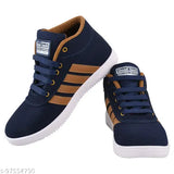 Navy blue, canvas high-top sneakers with white soles