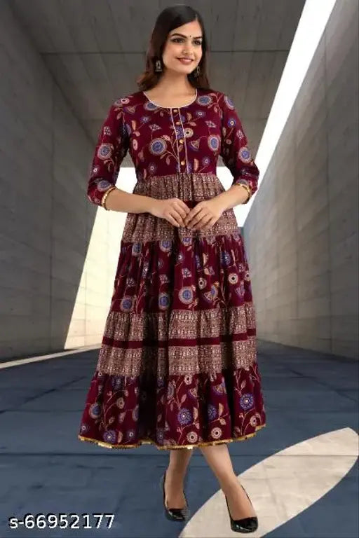 Maroon flared skirt with embroidery, cotton, floor-length gown for women