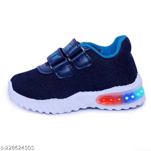 LED light up kids shoes with Velcro closures, outdoor sports design, blue and white color scheme