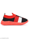 Red and black sneakers, white sole, lace-up design
