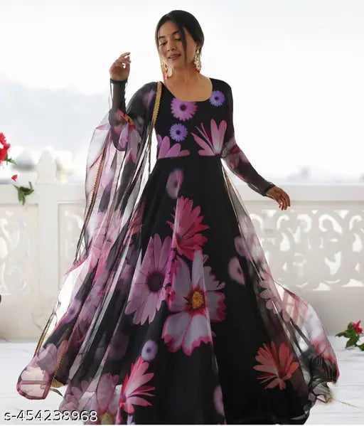 Black Georgette Sun Flower Printed Gown for Women - Trending and Ethnic Partywear Dress