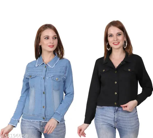 Solid women's denim jacket (India), long sleeves, two color options for casual or formal wear