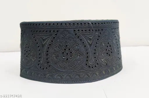 Full grey barkati Islamic cap, traditional cotton embroidered design from India