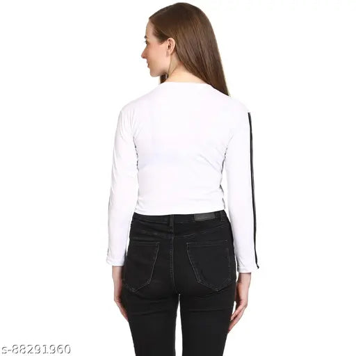 Cotton blend Genealo crop top for women & girls, solid net long sleeves casual top in India