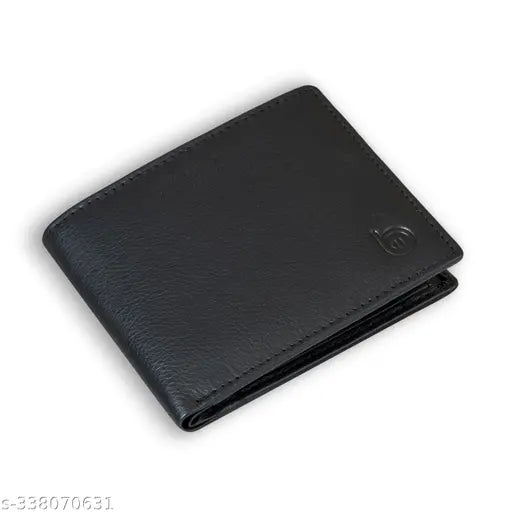 Black genuine leather men's wallet with RFID blocking, two compartments for cash and cards, and one coin pocket. Handcrafted from top grain buffalo hide