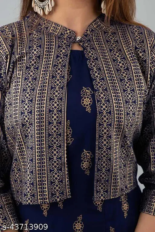 Navy blue rayon anarkali printed jacket with floral print, three-quarter sleeves, round neck, stitched set