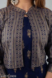 Navy blue rayon anarkali printed jacket with floral print, three-quarter sleeves, round neck, stitched set
