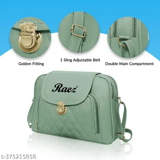 A light blue quilted sling bag for girls with a silver zip closure