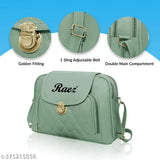 A light blue quilted sling bag for girls with a silver zip closure