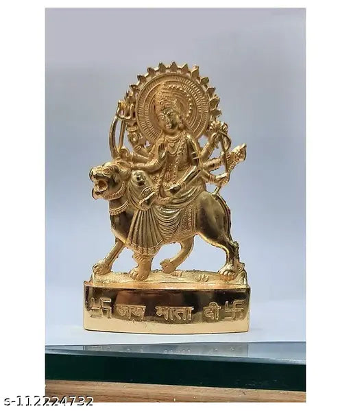 HaridwarDivine Golden Polish Durga Maa Statue: Handcrafted metal God Idol for worship (11cm H x 7cm W), adding positivity to home or office decor. Indian origin