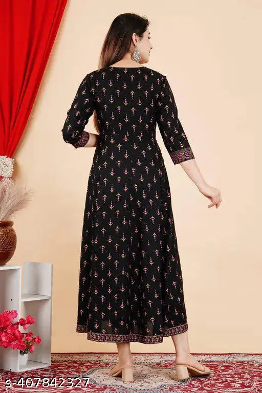 Black Rayon Printed Anarkali Kurti for Women - Trendy, three-quarter sleeves, printed combo, S-XXXL sizes available