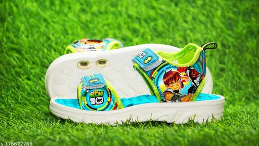 Orange and green Chota Bheem kids sandals with EVA sole, suitable for summer wear and sizes ranging from 18-12 years. Cartoon character pattern featuring Ben 10. Velcro fastening detail for easy fit. Made in India