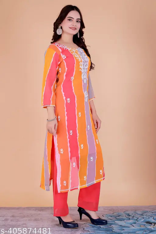 White embroidered Chikankari crepe kurta with three-quarter sleeves and palazzos bottomwear, featuring intricate handwork embroidery on premium Georgette fabric for a sophisticated look