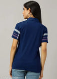 Blue cotton blend printed polo t-shirt for women, featuring stylish design and loose fit