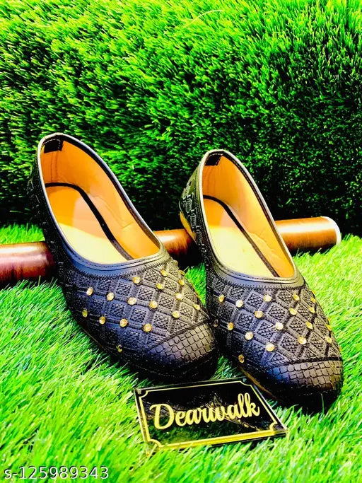 Synthetic leather embroidery flats, traditional appeal, lightweight comfort for summer. Indian-made, affordable quality with closed back design