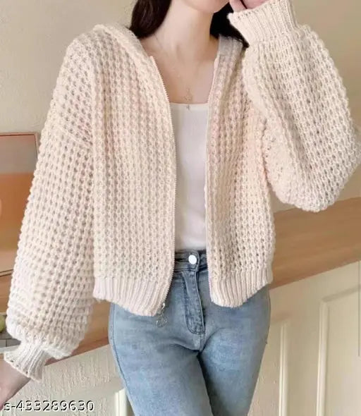 Peach woolen zipper cardigan with hoodie, ideal for winter wear