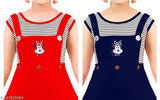 Cotton sleeveless girls party wear dresses combo, vibrant red and blue printed net, trendy fashion for ages 2-11 years