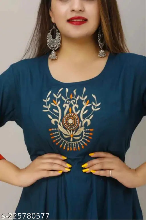Rayon navy blue embroidered ethnic motif round neck anarkali kurta for women XL-XXXL, intricate design on display