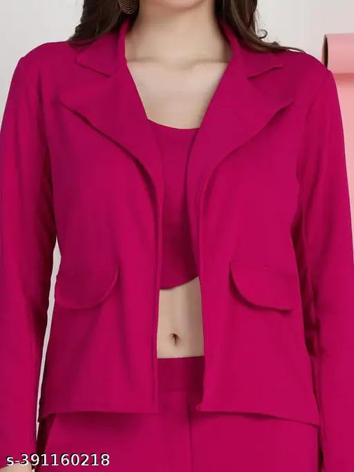 Women's Lycra jacket, crop top, and trouser co-ords set - solid net, casual wear, modern fashion by Selvia (India)