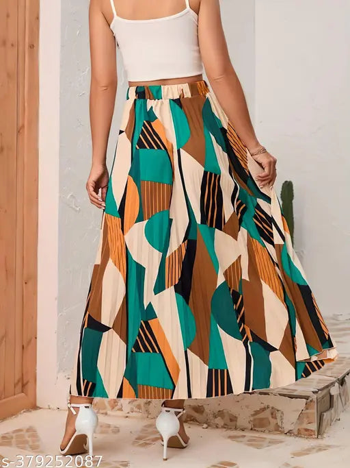 High waist print pleated maxi skirt, polyester, versatile midi skirt for various occasions