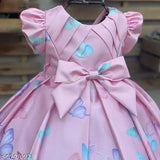 Yellow satin kids' long frock with printed net, suitable for ages 1-2 to 10 years. Classic kids' clothing on display