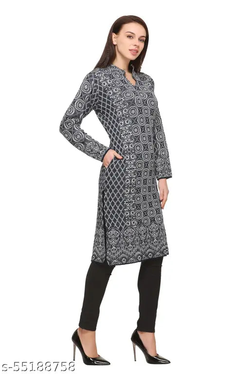 Navy blue woolen kurti with lace detailing