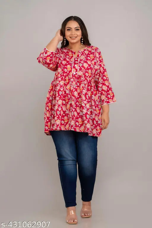 Red rayon plus size short kurti with chunat, printed pattern for summer fashion