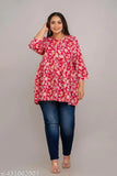 Red rayon plus size short kurti with chunat, printed pattern for summer fashion