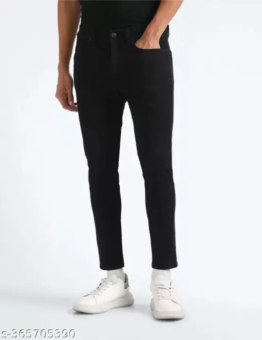 Xenor Mens Slim Black Cotton Blend Jeans - Premium quality slim fit jeans for men, solid black design on a hanger