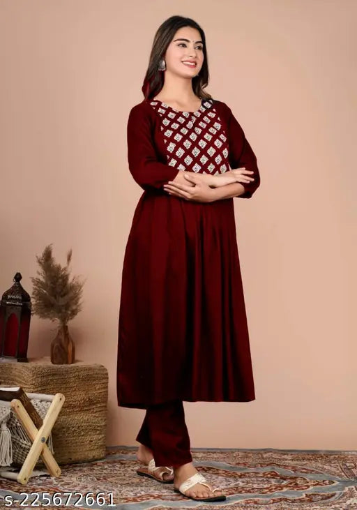 Solid dischage printed rayon mahrom anarkali gown with full-length pant set, three-quarter sleeves - Indian designer party wear for women