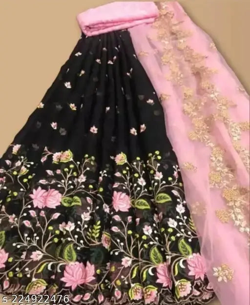 Embroidered dupion silk and net Lehenga-Choli with embroidered dupatta, free size, Indian origin