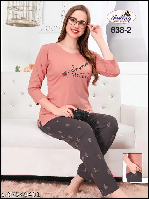 Stylish long-sleeve cotton pyjamas with printed pattern, comfortable for all seasons, Indian-made