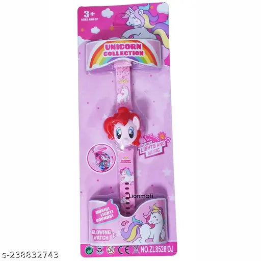 A digital watch for children, themed with a unicorn, glows in various colors with accompanying music tunes