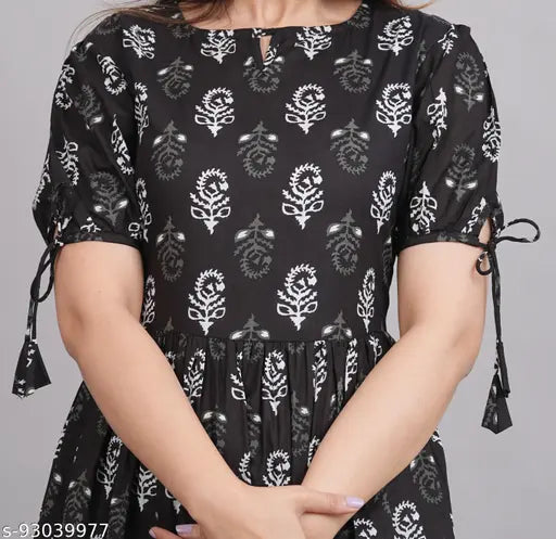 Printed cotton Anarkali kurti for women, short sleeves, vibrant Indian pattern, size M-XXXL