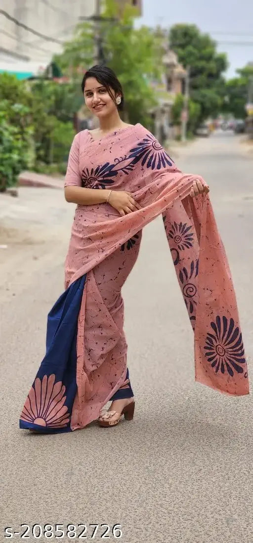 Bagru print cotton Mulmul saree and unstitched blouse in natural colors, 100% soft fabric for free size fit, length 6.5 meters including blouse piece