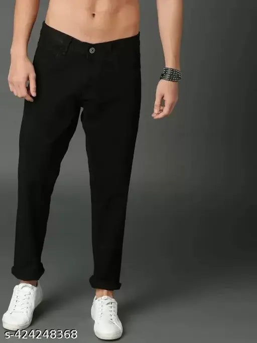 Men's black straight-leg polycotton jeans, ankle length, dyed/washed, size 28-34, India origin