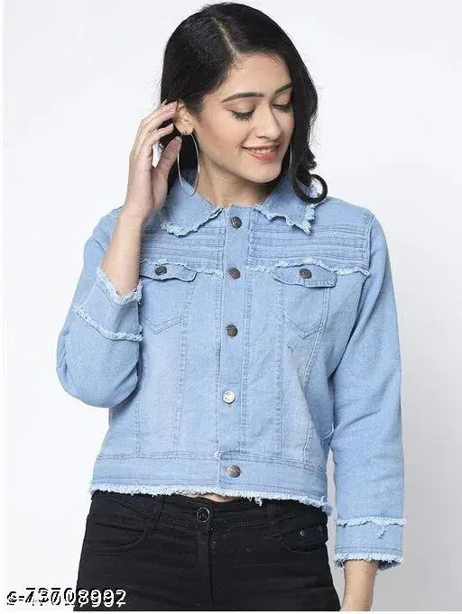 Light blue denim jacket for women, premium quality with long sleeves, trendy stylish ruff design, suitable for western wear
